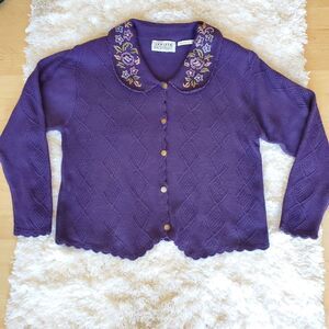 JANTZEN Clasics Embroidered by Hand Women's Purple Sweater‎ Size Medium Cottage